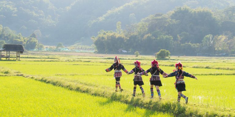 Paysages à couper le souffle dans les montagnes de Chiang Mai, avec des rizières et des enfants habillés de façon traditionnelle.