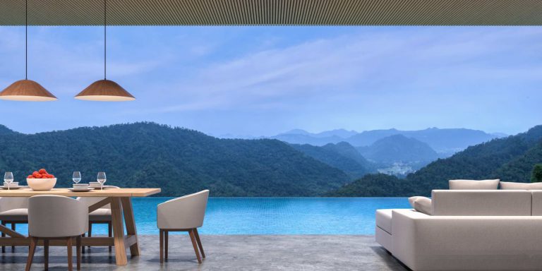 Villa de style loft avec piscine, salon et salle à manger avec vue sur la montagne, vue en 3D, plancher en béton poli, plafond en treillis de bois, vue panoramique sur les montagnes.